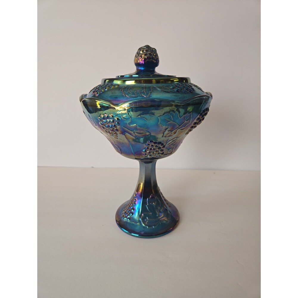 Indiana Glass Blue Carnival Harvest Grape Pedestal Compote with Lid | Vintage
